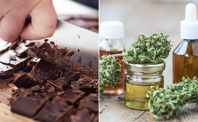 Раскрошить шоколад и высушить каннабис